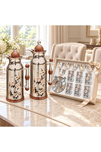 طقم ترامس وقهوة وشاي مع طقم أكواب زهور فاخر |