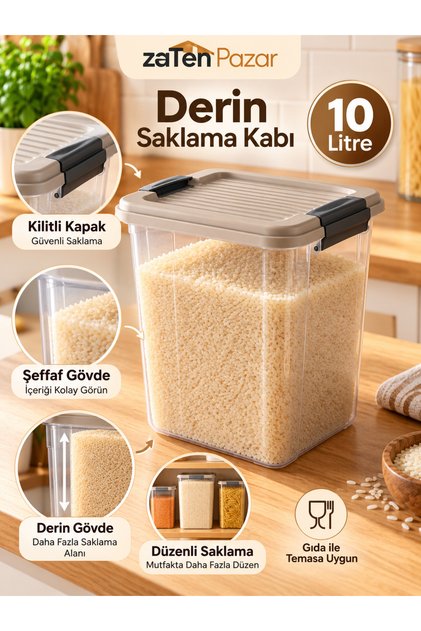 10 Litre Derin Dikey Saklama Kabı Kilitli Kapaklı Şeffaf Erzak Kabı Kiler ve Dolap İçi Bakliyat Düzenleyici Kutu