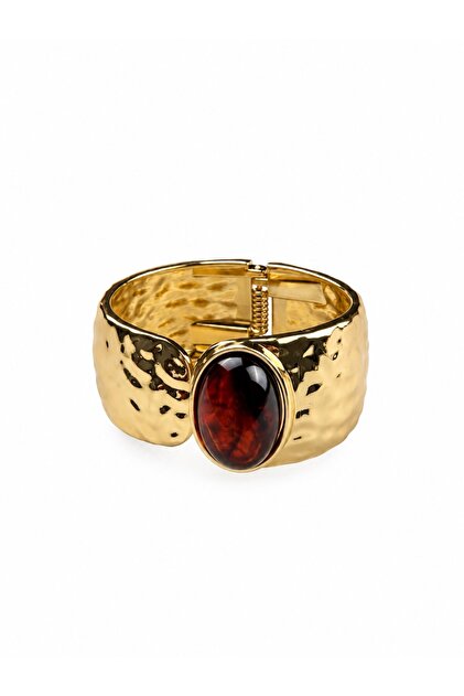 Oval Stone Detailed Gold Handcuff Bracelet