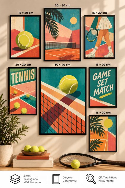 7-Piece Frame-Looking Modern Painting Set | Children's Room - Sports Tennis Themed | Living Room, Office, Kitchen and Study Room Wall Decor