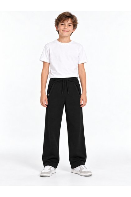 31510-26 Boy's 2-Thread Sweatpants, Elastic Waist and Lace-Up, Wide Legs with Zipper Pockets 9-12 Age