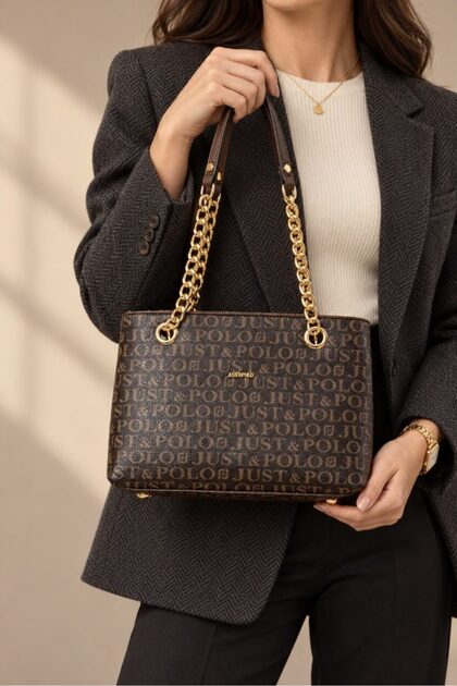 Women's Hand and Shoulder Bag with Chain Strap, Logo, Zipper, Stylish Cream Tote, Brown