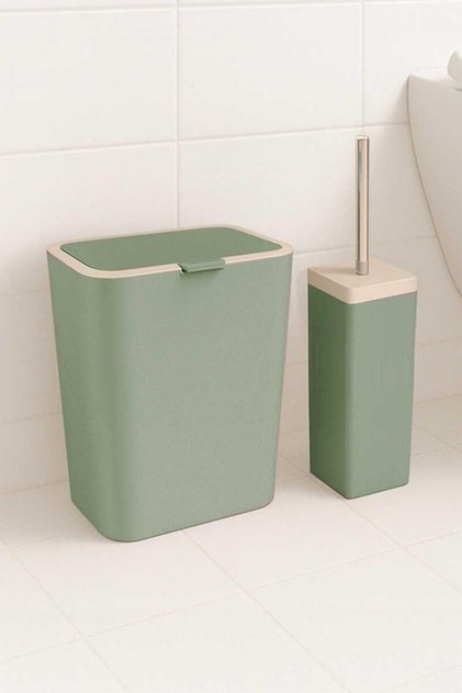 Flip 2-Piece Bathroom Set Trash Can Toilet Brush Green Color 6 Liters