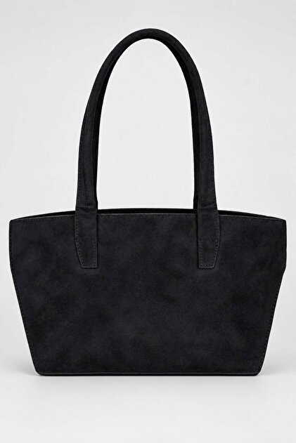 Black Suede Women's Minimal Design Double Handle Daily Shopper Shoulder Bag