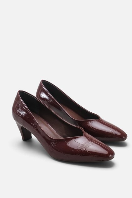 Chen Burgundy Patent Leather Women's Short Heel Round Toe Crocodile Stiletto A003-K559-6001
