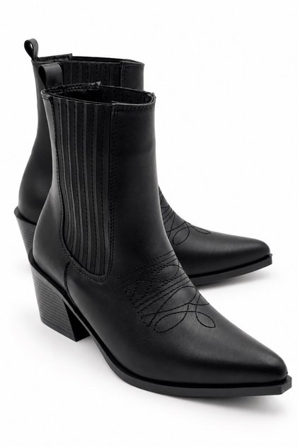 Peony Women's Leather Country Western Style Pointed Toe Thick Block Heeled Short Boots