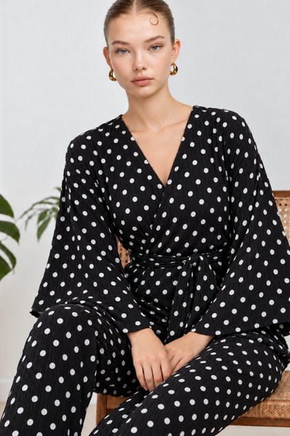 Women's Double-Breasted Belted Black Two-Piece Pajama Set 4803