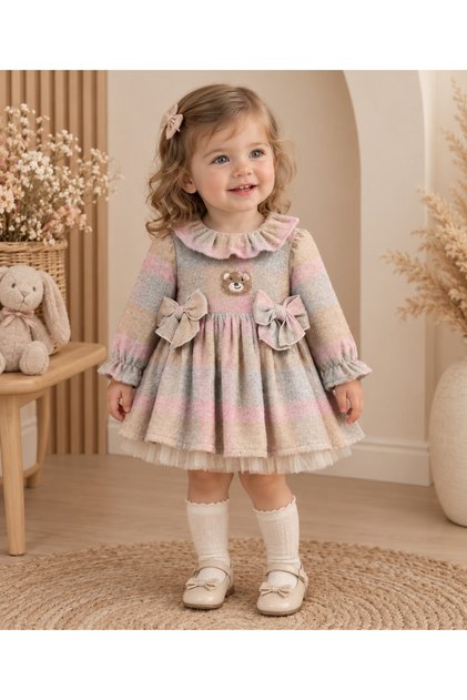 Teddy Bear Embroidered Baby Girl Dress with Ribbon Detail on the Front and Tutu Lining at the Bottom