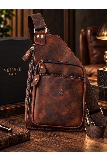 Lorke Kahve Unisex Hakiki Deri Göğüs Çantası