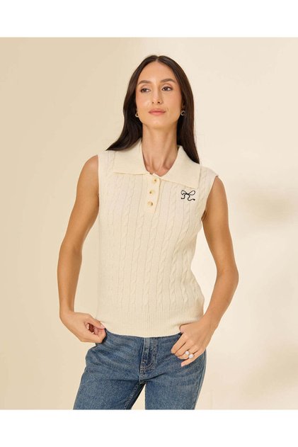 Women Ivory Knitted Polo Collar Sleeveless Vest