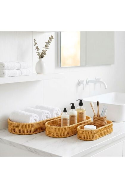 Set of 3 Oval Wicker Baskets – Rattan Look Bathroom Organizer, Towel and Cosmetic Storage Basket, Different Sizes