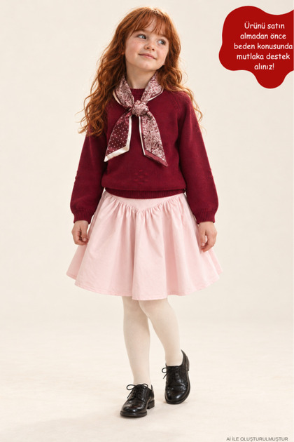 Girl's Burgundy Knitwear Sweater and Pink Skirt Combination - Patterned Scarf Set