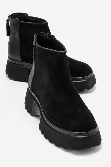 Nolda Black Suede Genuine Leather Women's Boots with Back Zipper and Thick Sole