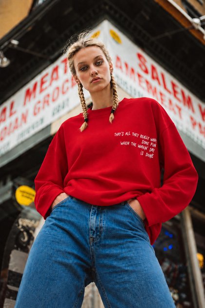 2262 Kadın Girls Wanna Have Fun Baskılı Oversize Sweatshirt Kırmızı