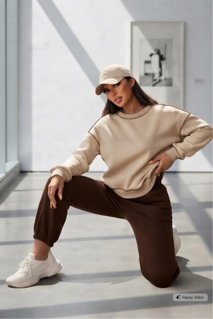 Women's Reverse Beige Stitching Crew Neck Sweat Brown Tracksuit Bottom Set