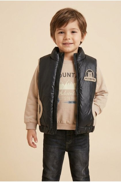 Baby Boy Mountain Printed Sweatshirt, Puffer Vest and Jeans 3-Piece Set