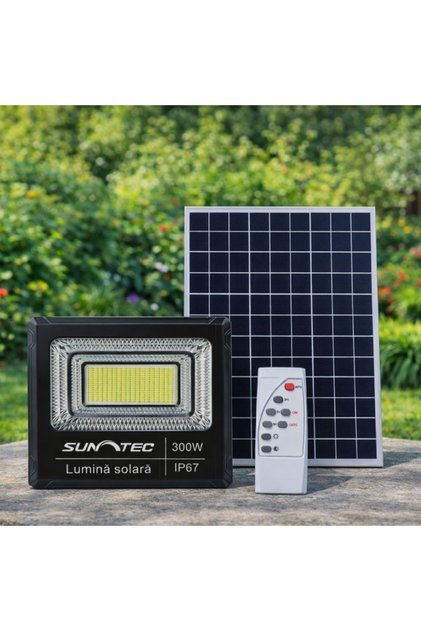 Proiector LED cu incarcare solarae 300W, Telecomanda, IP67, Iluminare puternica, Panou solar inclus