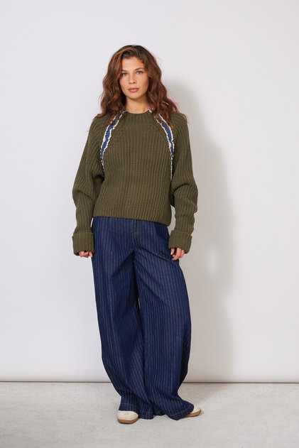 Jeans Striped Detail Standing Collar Folded Sleeves Tricot Sweater Khaki