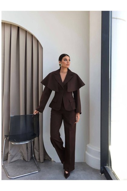 Collared Ruffle Cape Detail Single Button Design Brand Equivalent Premium Series Blazer Jacket Palazzo Pants Three Piece Suit