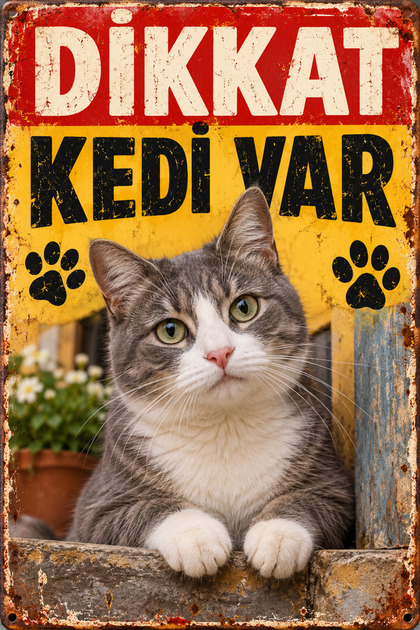 Caution There Is a Cat Gray White Cat Retro Metal Wall Sign 20X30 cm