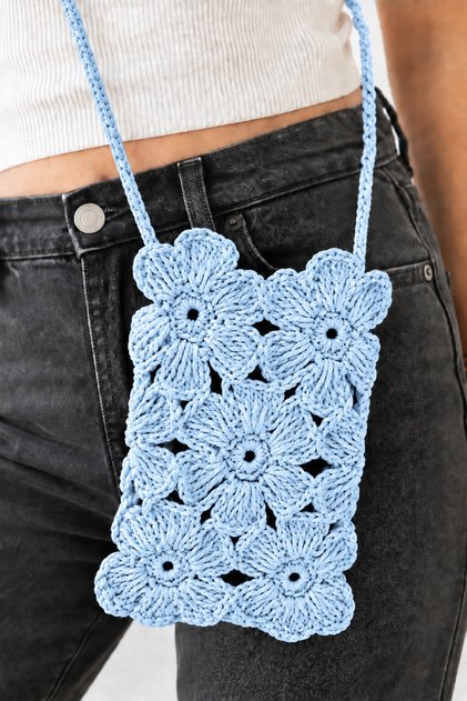 Paper String Hand-Knitted Flower Motif Phone Bag