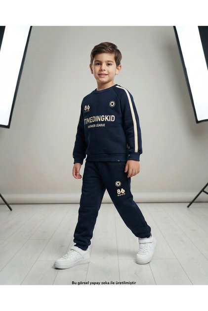 Boys' Winter 3-Strand Ribbed Double Layer Sweatshirt and Bottom Sweatpants Set for Ages 6-7-8-9-10-11-12-13-14