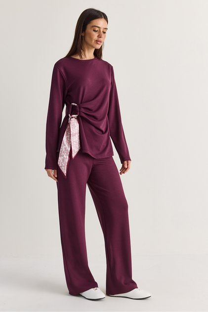 Women's Plum Modal Scarf Tie Detailed Blouse High Waist Pants Bottom-Top Set 829 60286602