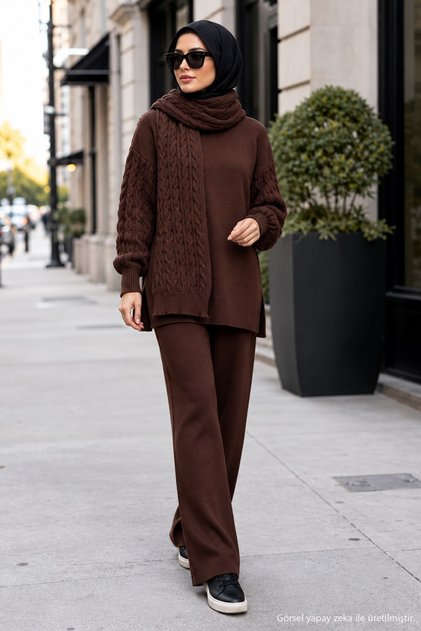 Knitted Sweater Set with Scarf Brown Hm2960