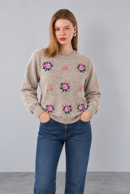 Women's Beige Crew Neck Floral Patterned Wool Sweater