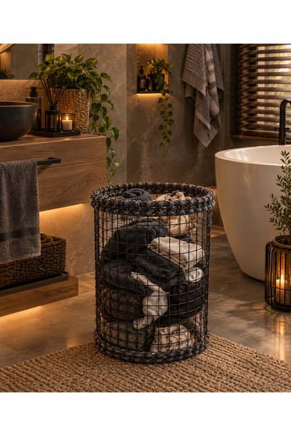 Metal Wire Mesh Woven Wooden Base 45 cm Laundry Basket Anthracite Gray Vintage Look