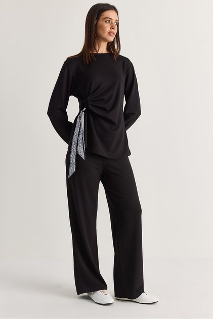 Women's Black Modal Scarf Tie Detailed Blouse High Waist Pants Bottom-Top Set 829 60286602