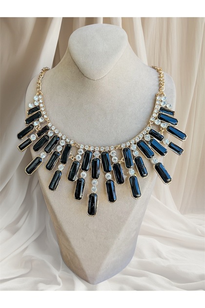 Geometric Black Stone and Zircon Stripe Collar Necklace