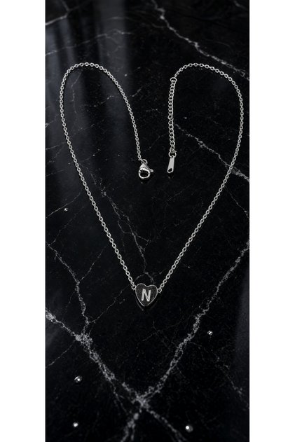 Silver Color -N- Letter Heart Detailed Minimal Thin Chain Steel Necklace-Non-Tarnish-45Cm