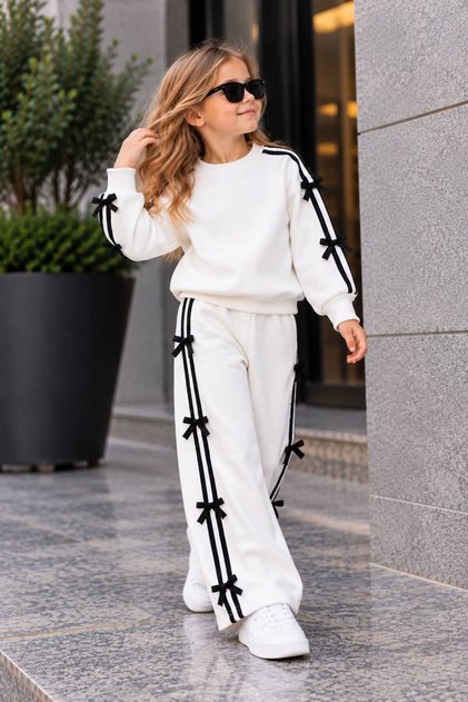 Girl's White and Black Bow-Tie 2-Piece Tracksuit Set – Sweatshirt and Sweatpants