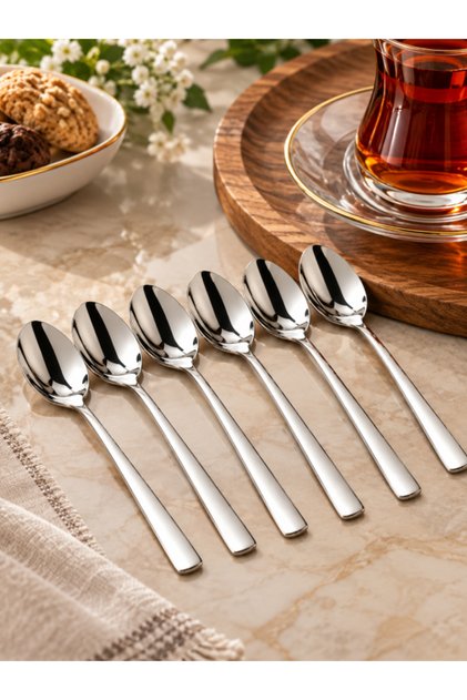 6'lı Çay Kaşığı Seti 12 cm – Paslanmaz Çelik Düz Çubuk Saplı Çay, Kahve ve Tatlı Kaşığı