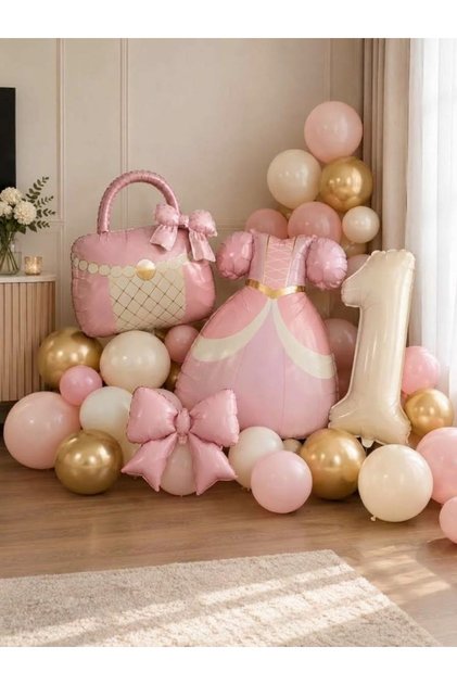 Princess Themed Powder Pink & Gold Concept Dress and Bag Themed 1St Age Balloon Set