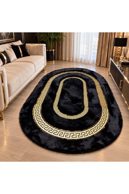 Gold Detaylı Siyah Oval Peluş Halı Modern Geometrik Desenli Lüks Salon ve Oturma Odası Halısı