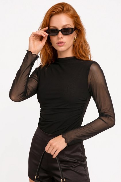 Kadın Tül Body Çıtçıtlı Dik Yaka Uzun Kollu