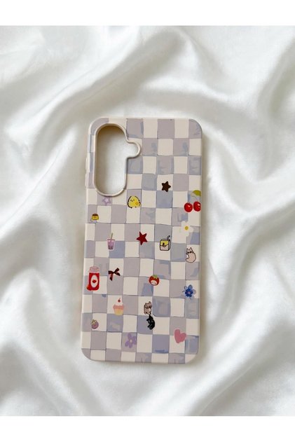 Samsung Galaxy A16 Uyumlu Lansman Krem Kareli Renkli Figür Desenli Telefon Kılıfı – Şık ve Zarif Tasarım