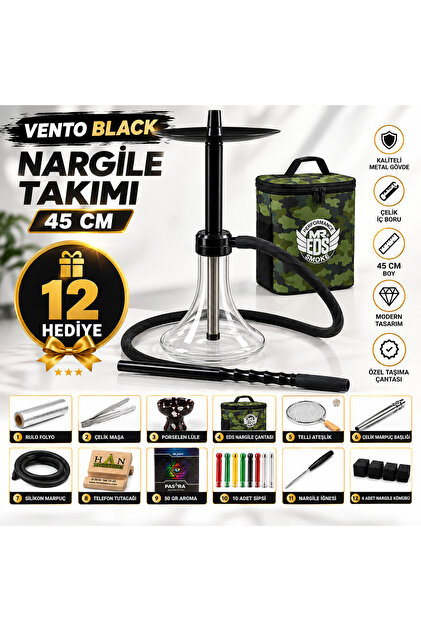 Black 45 CM Nargile Takımı Siyah Metal Gövde Cam Şişe 12 Parça Hediye Setli