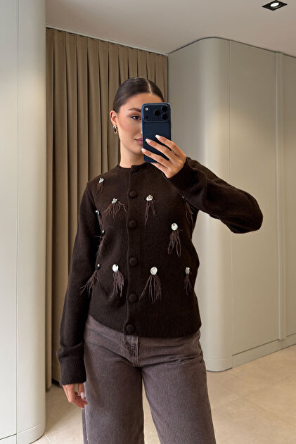 Premium Stone Embellished Knitwear Cardigan - Brown