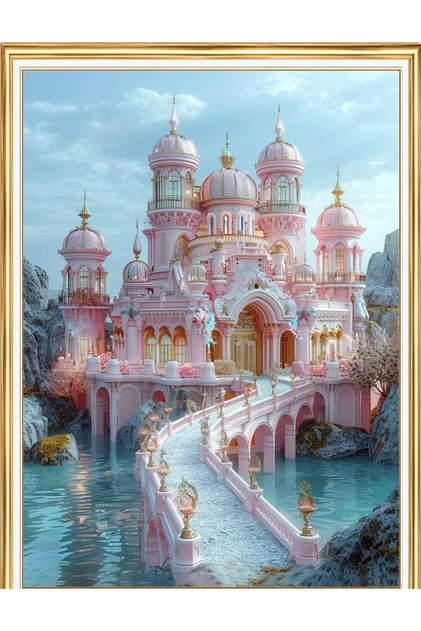 Diamond painting puzzle kit, pink palace on water 30x40 cm mosaic