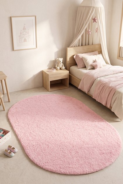 Pembe Oval Post Tavşan Tüyü Çocuk Halısı – Yumuşak Peluş Halı, Çocuk Odası Halısı