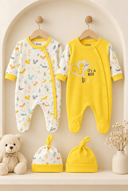 2-Piece Baby Romper Set with Squirrel Patterned Hat and Booties – 4 Pieces