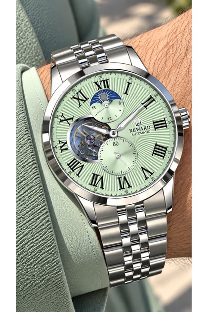 Silver Green Steel Cord,Steel Case,Automatic (Without Battery), 3 Atm,Vip Men's Wristwatch with Bracelet Gift