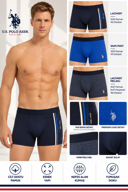 Men'S, Licensed, Uspa, Flexible Waistband, Boxer Briefs, Side Printed Navy Blue Saks Blue, Comfort, Set of 3