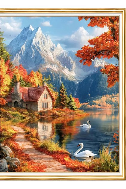 Diamond painting puzzle kit, autumn mountain lake and swan 40x50 cm mosaic