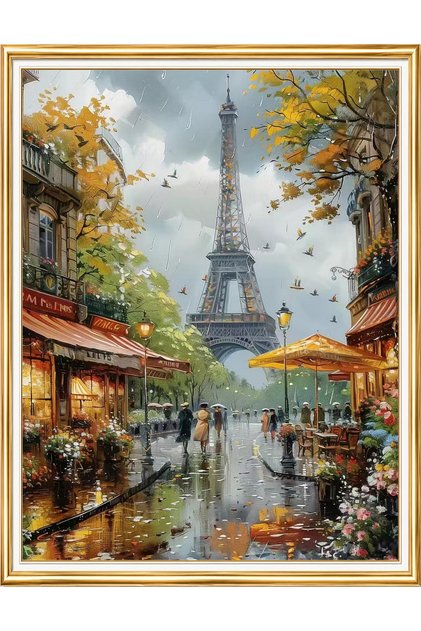 Diamond painting puzzle kit, rainy paris street and eiffel tower 40x50 cm mosaic