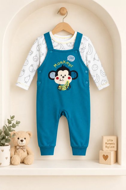 Baby Boy 100% Cotton Monkey Embroidered Salopet and Long Sleeve T-Shirt 2-Piece Set