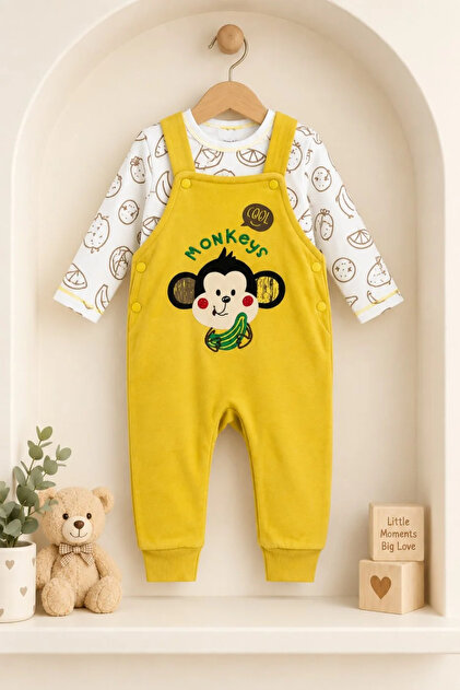 Baby Boy 100% Cotton Monkey Embroidered Salopet and Long Sleeve T-Shirt 2-Piece Set